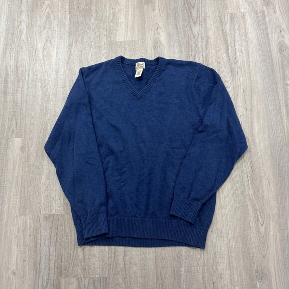 LL Bean Sweater Men's Large Blue Pullover Cashmere Blend Preppy V-Neck Office - Picture 1 of 7